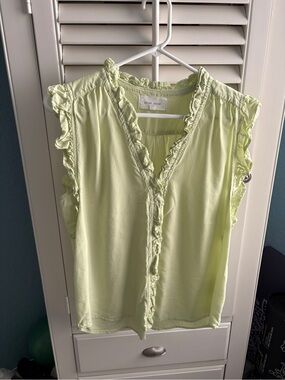 Dear John Pale Lime Ruffle V-Neck Sleeveless Blouse
